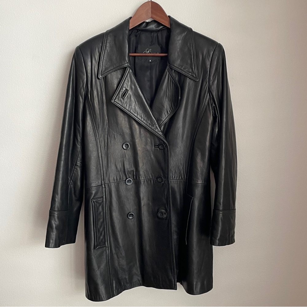 Vintage Black Leather Blazer Small Double Breasted Trench Coat Grunge Goth 90s